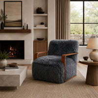 Lama Accent Chair with Wooden Arms, Retro Design, Charcoal Faux-Fur-BM353184