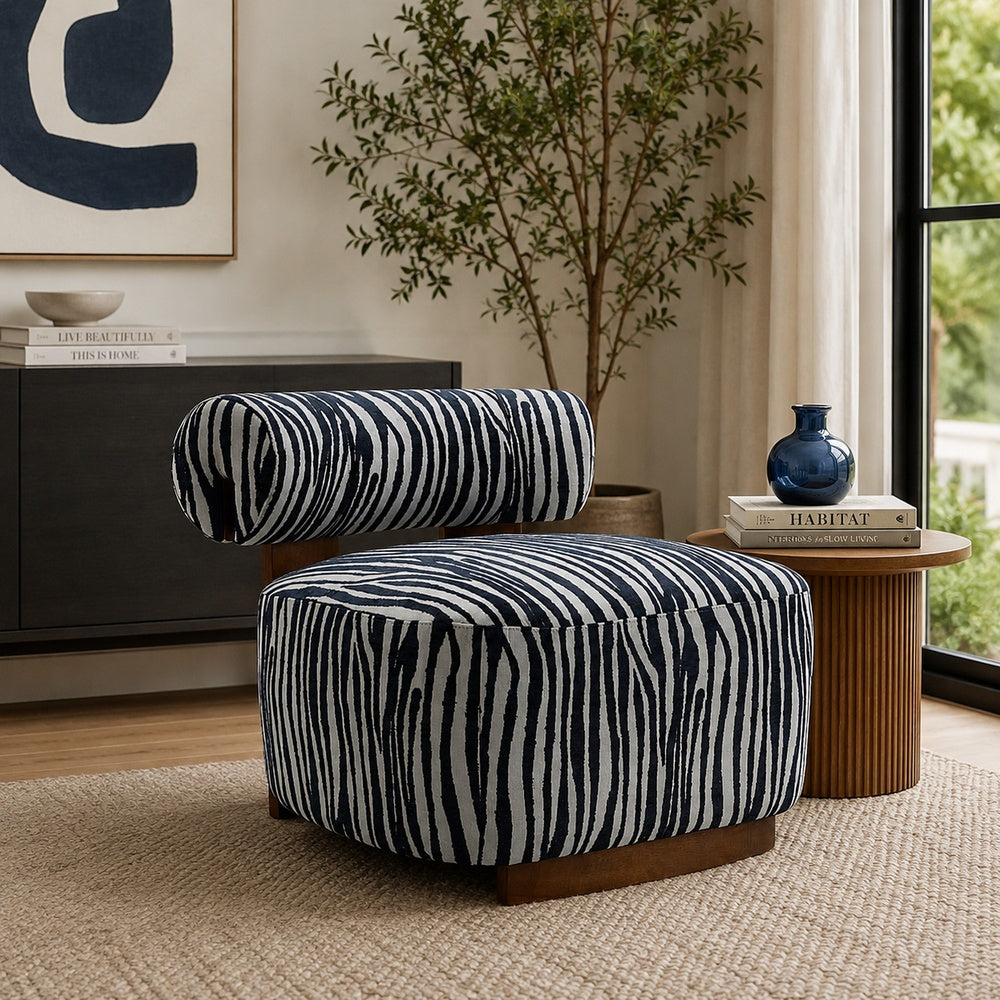 Niya Zebra Accent Chair with Cylindrical Backrest, Blue-White Chenille-BM353185