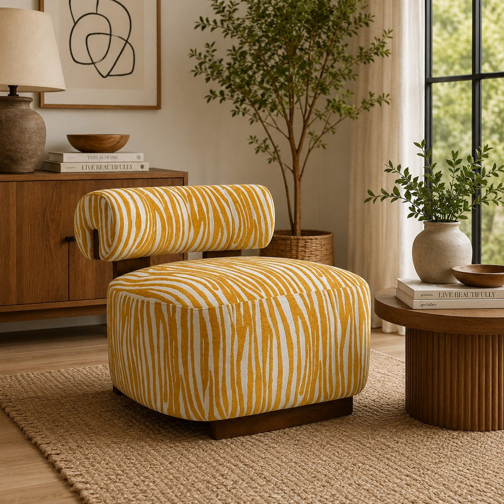 Niya Zebra Accent Chair, Cylindrical Backrest, Yellow-White Chenille-BM353187