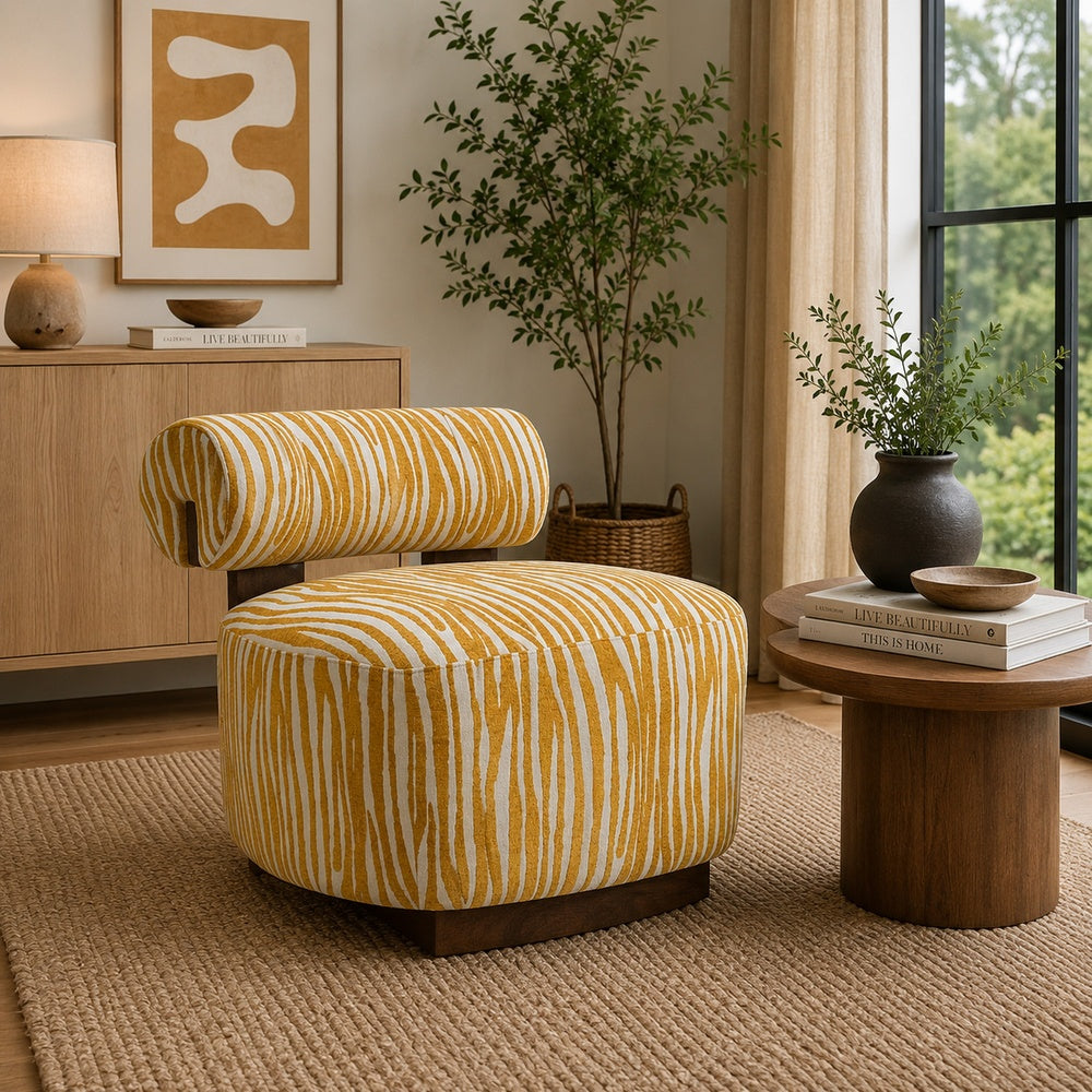 Niya Zebra Accent Chair, Cylindrical Backrest, Yellow-White Chenille-BM353187