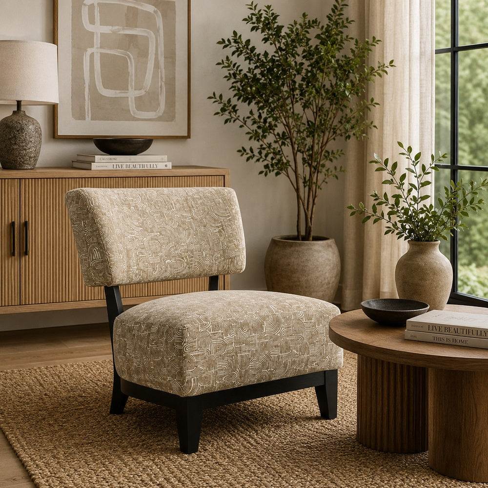 Beth Accent Chair with Angled Back, Black Wood, Beige Abstract Fabric-BM353188