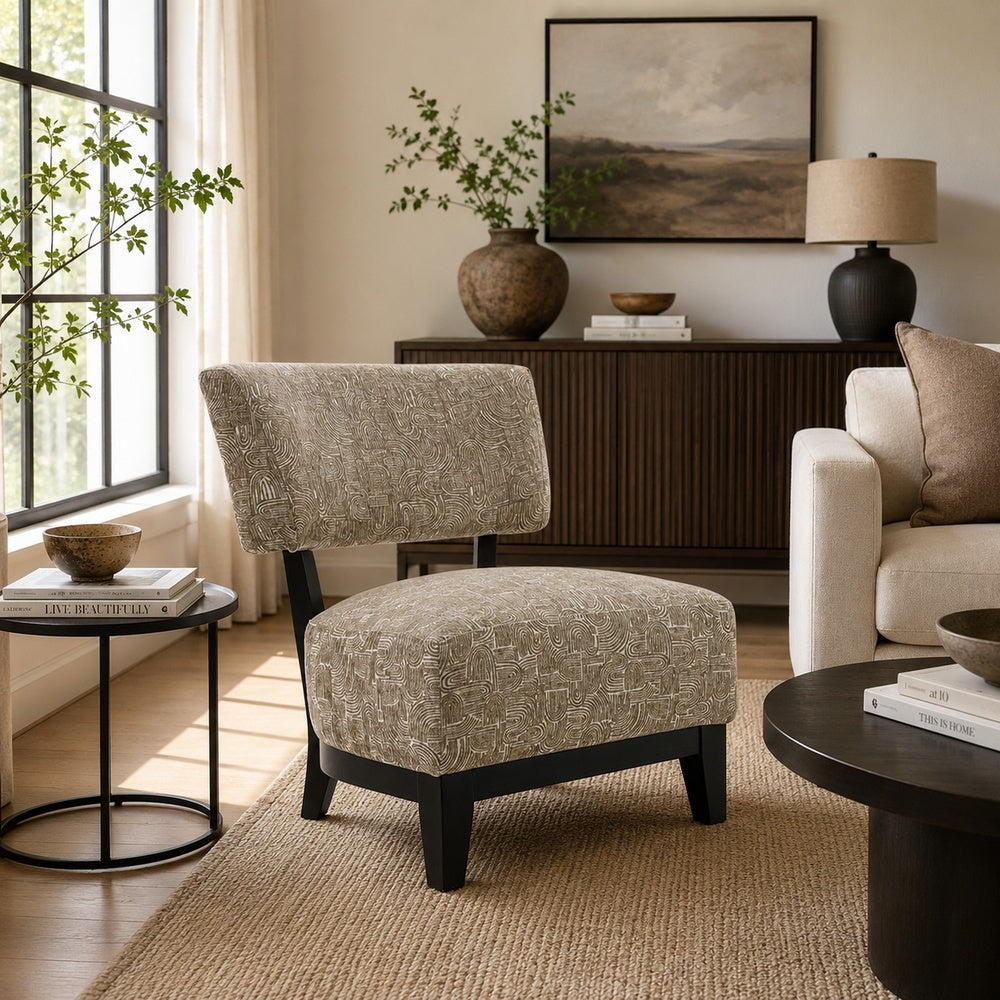 Beth Accent Chair with Angled Back, Black Wood, Beige Abstract Fabric-BM353188