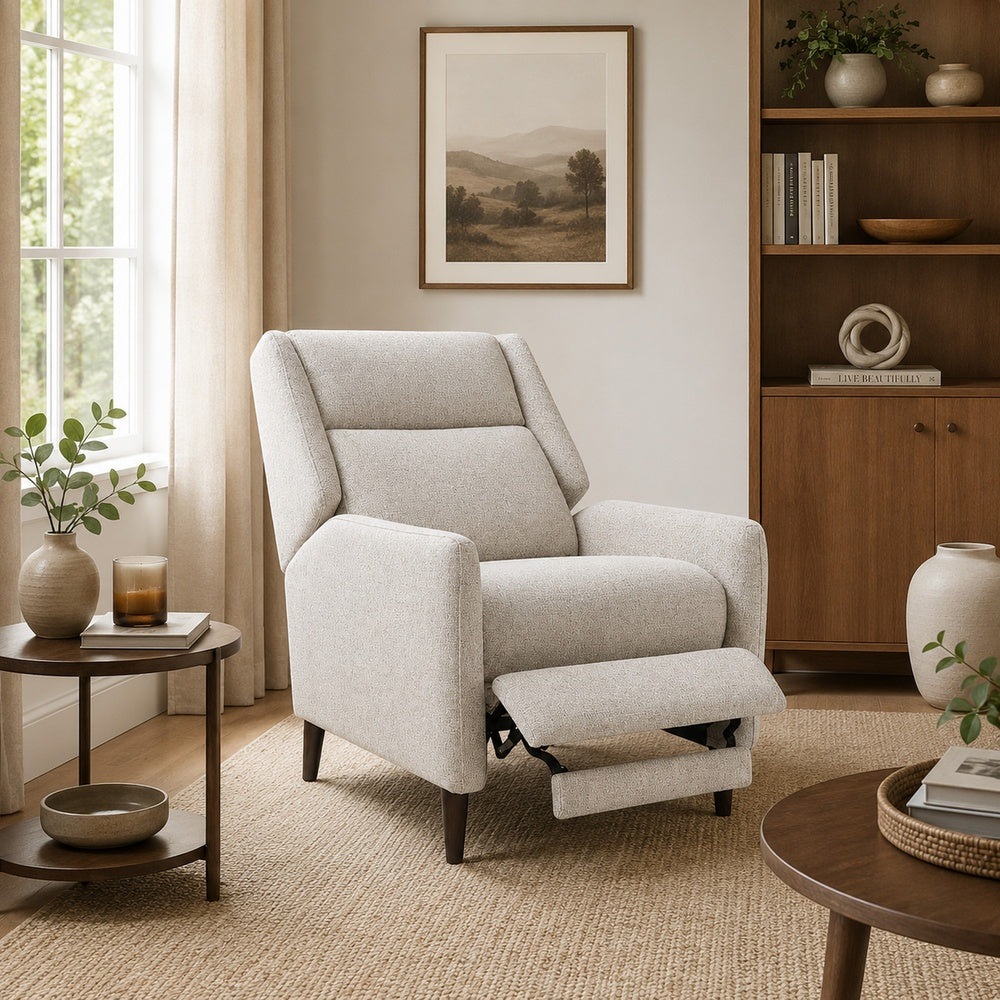 Cien Pushback Recliner Chair with High Back and Tapered Legs, Beige Fabric-BM353193
