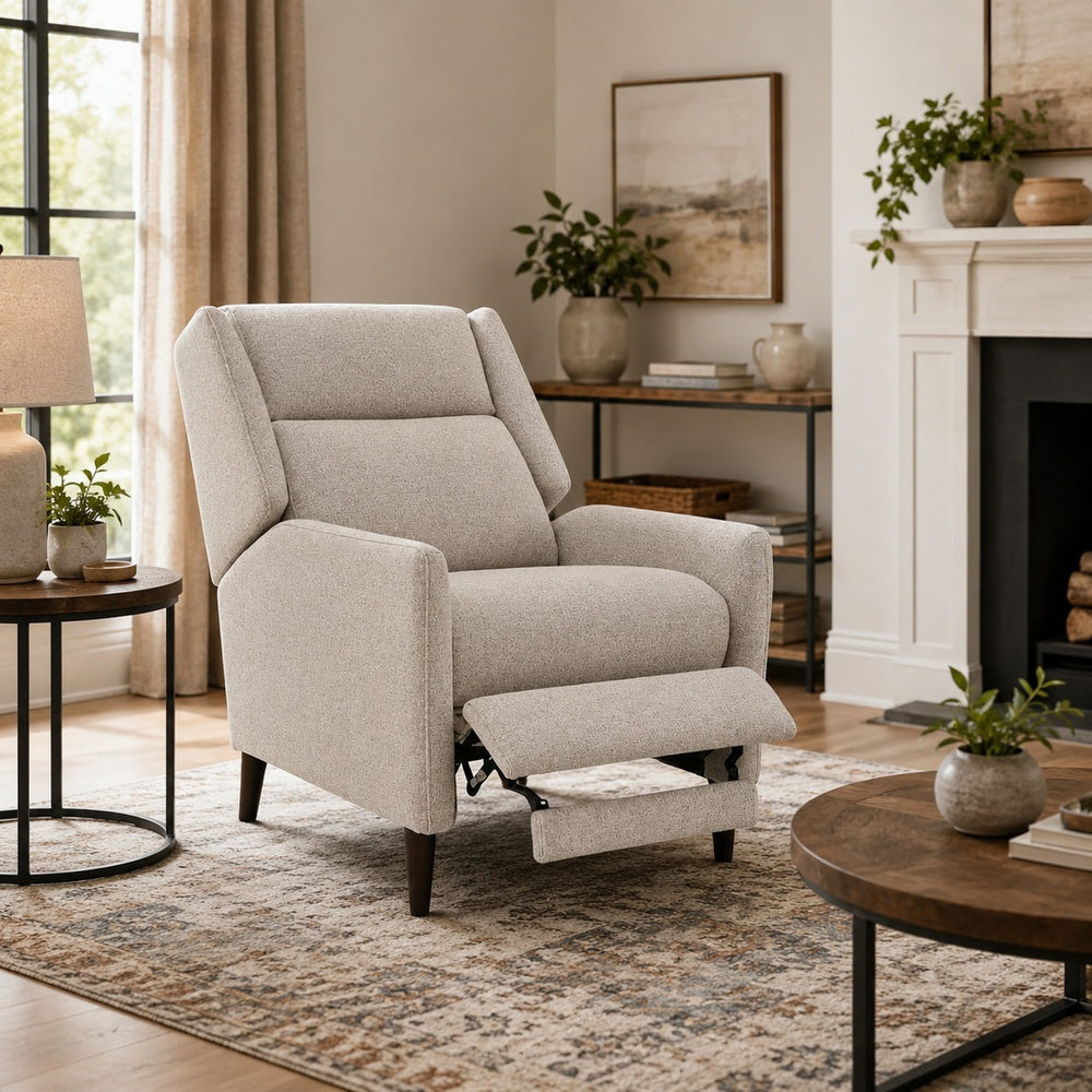 Cien Pushback Recliner Chair with High Back and Tapered Legs, Beige Fabric-BM353193