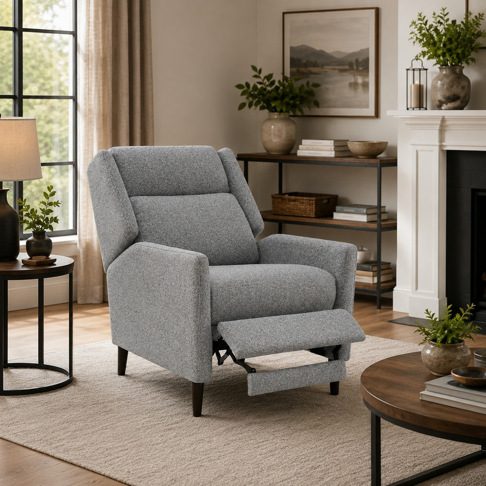 Cien Pushback Recliner Chair with High Back and Tapered Legs, Gray Fabric-BM353195