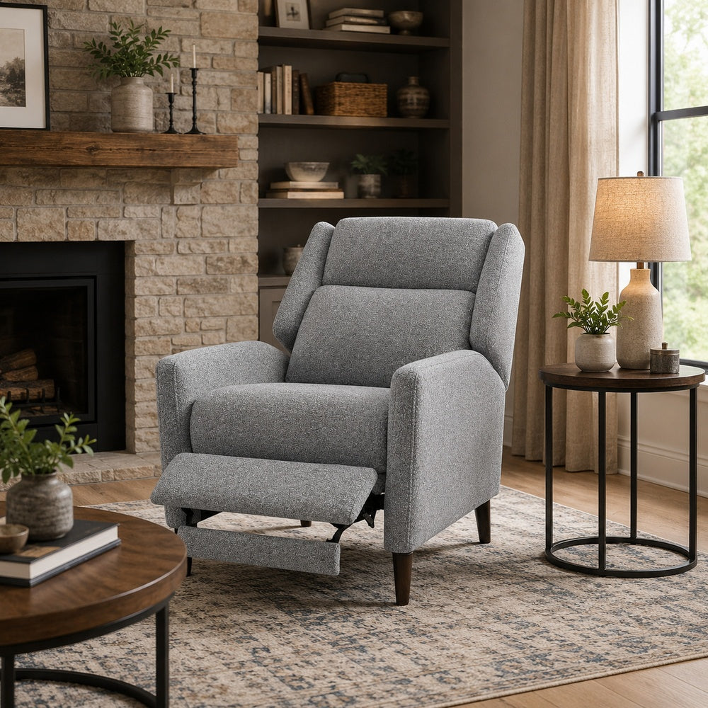 Cien Pushback Recliner Chair with High Back and Tapered Legs, Gray Fabric-BM353195