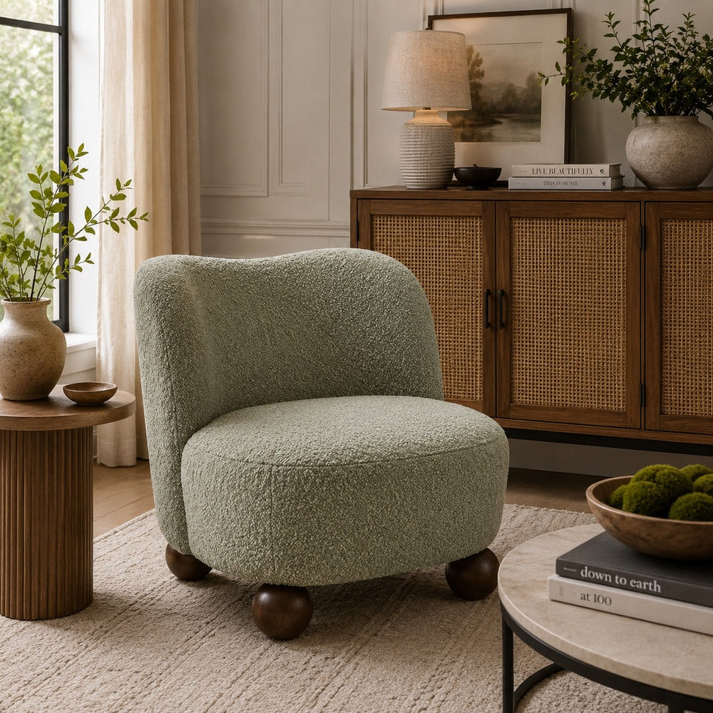Dave Armless Accent Chair with Wooden Ball Feet, Green Boucle Fabric-BM353196