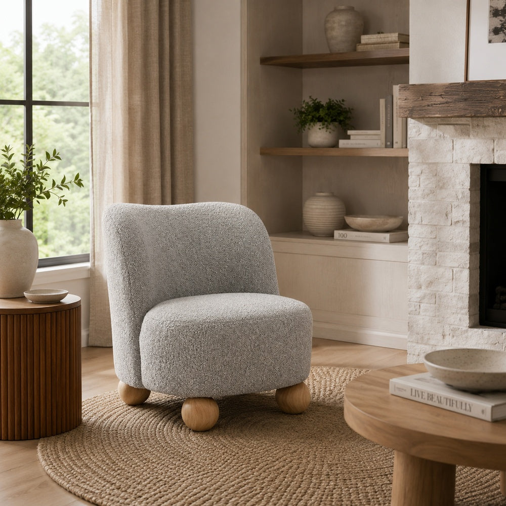 Dave Armless Accent Chair with Wooden Ball Feet, Gray Boucle Fabric-BM353197