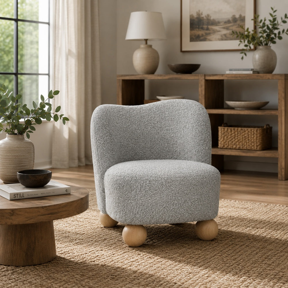Dave Armless Accent Chair with Wooden Ball Feet, Gray Boucle Fabric-BM353197