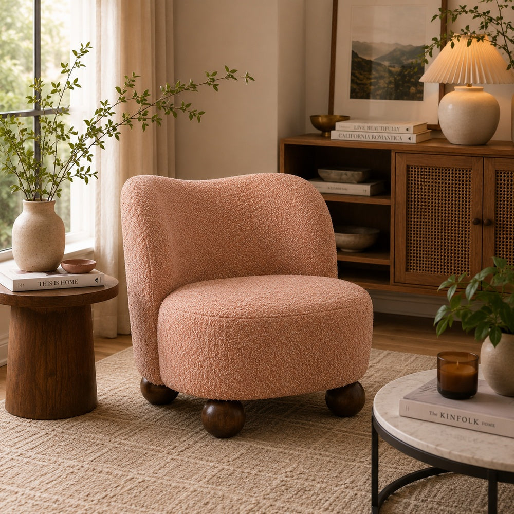Dave Armless Accent Chair with Wooden Ball Feet, Pink Boucle Fabric-BM353198