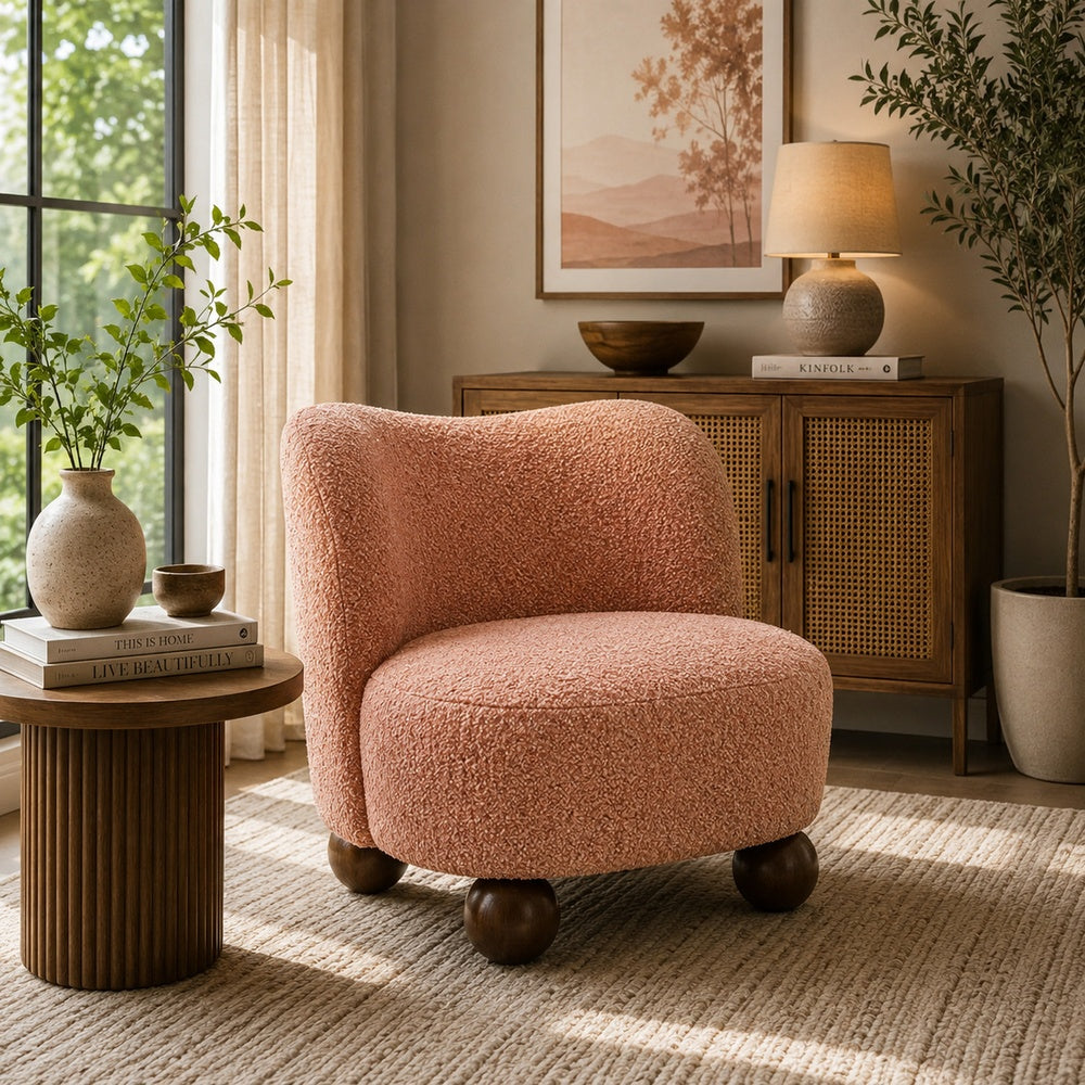 Dave Armless Accent Chair with Wooden Ball Feet, Pink Boucle Fabric-BM353198