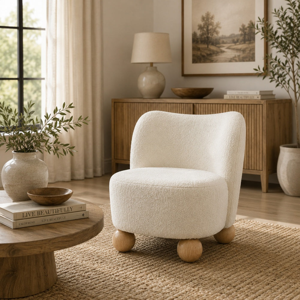 Dave Armless Accent Chair with Wooden Ball Feet, White Boucle Fabric-BM353199