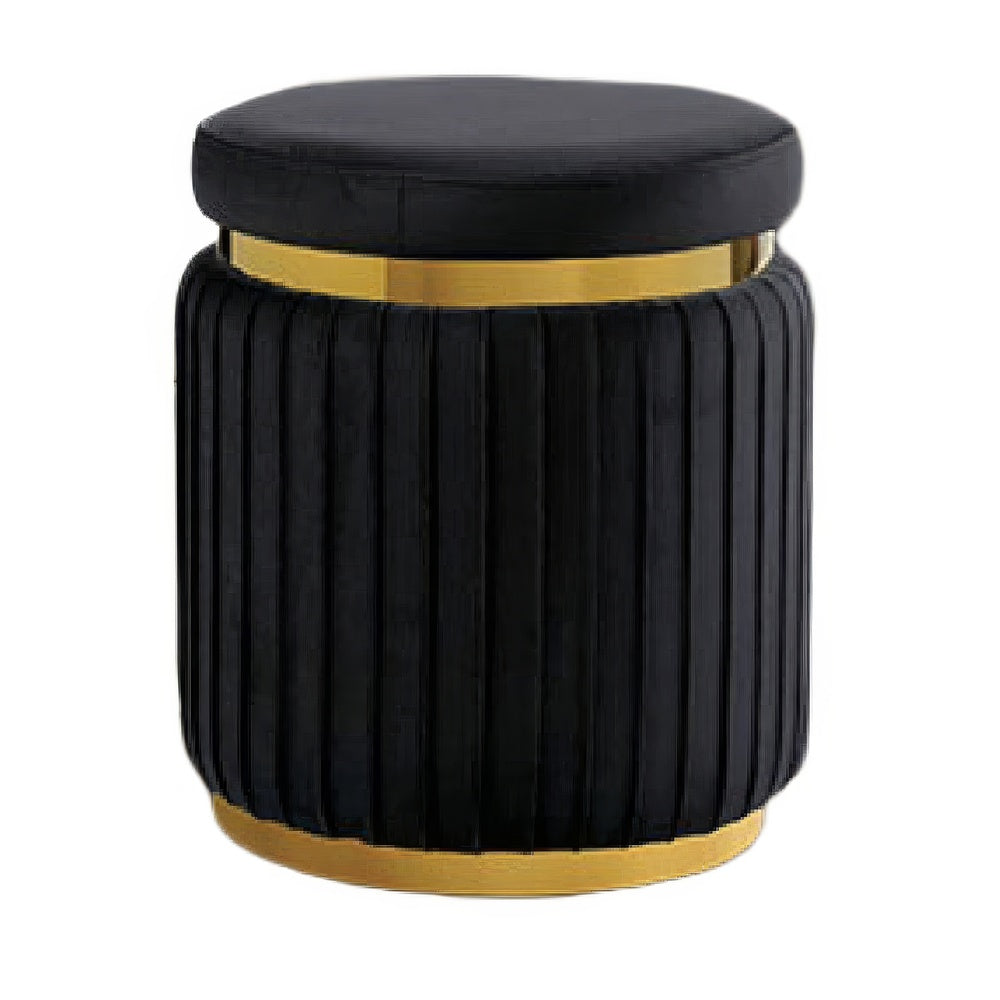 Karie Ottoman Stool, Gold Trim, Vertical Channel Design, Black Fabric-BM353200