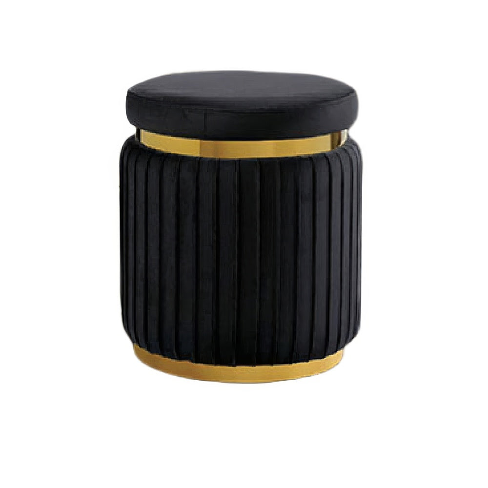 Karie Ottoman Stool, Gold Trim, Vertical Channel Design, Black Fabric-BM353200