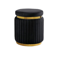 Karie Ottoman Stool, Gold Trim, Vertical Channel Design, Black Fabric-BM353200