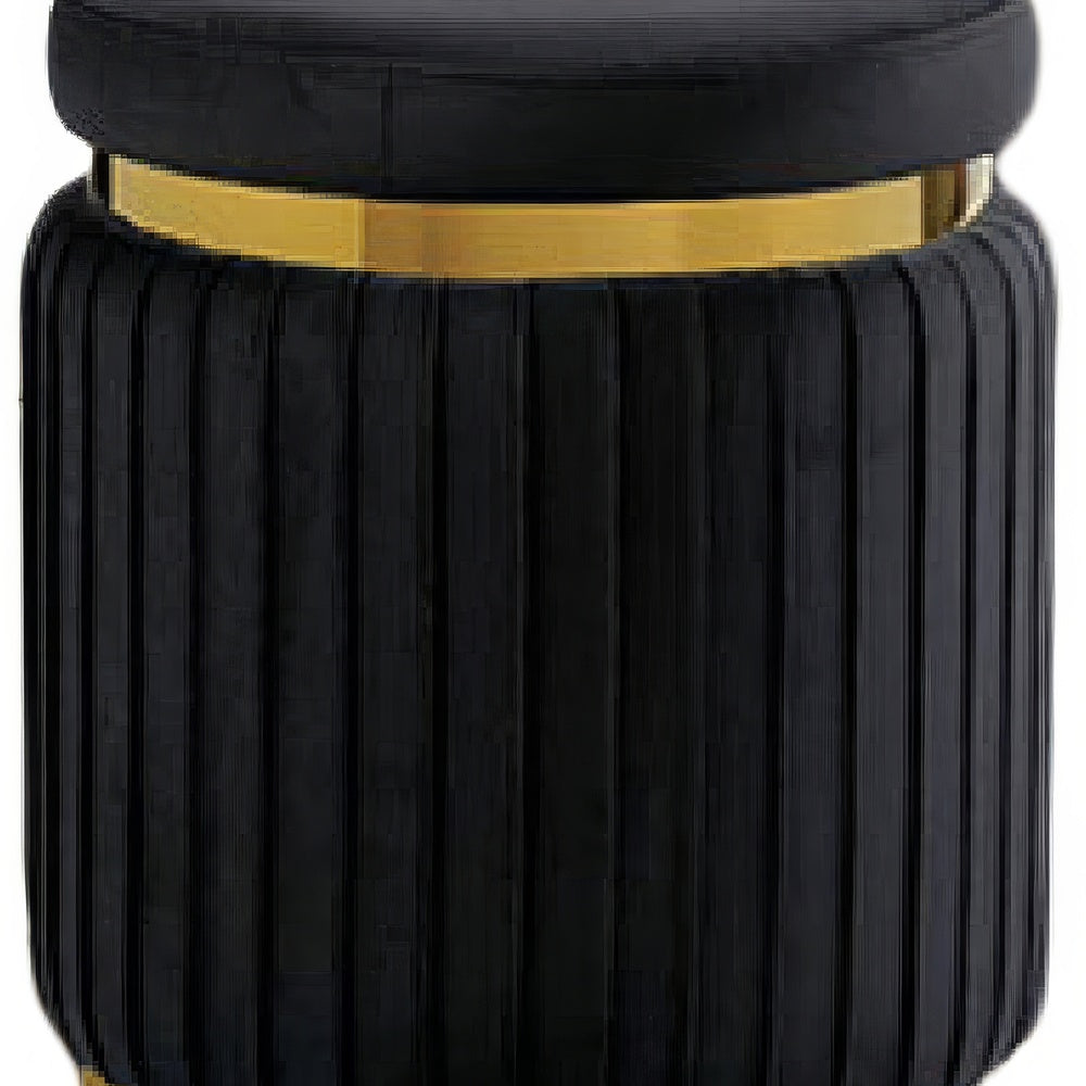 Karie Ottoman Stool, Gold Trim, Vertical Channel Design, Black Fabric-BM353200