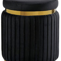 Karie Ottoman Stool, Gold Trim, Vertical Channel Design, Black Fabric-BM353200