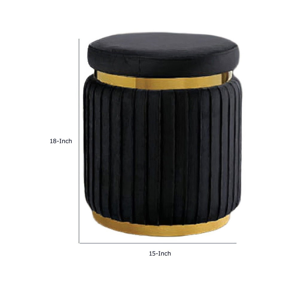 Karie Ottoman Stool, Gold Trim, Vertical Channel Design, Black Fabric-BM353200