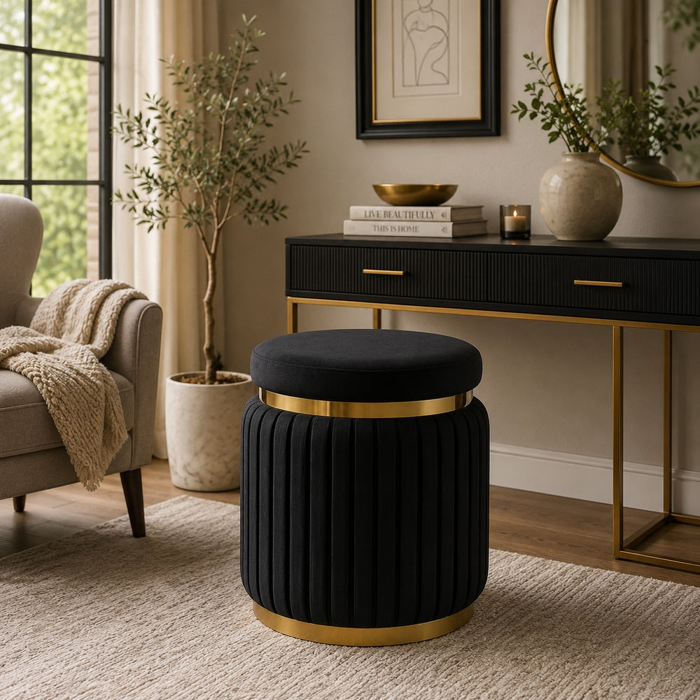 Karie Ottoman Stool, Gold Trim, Vertical Channel Design, Black Fabric-BM353200