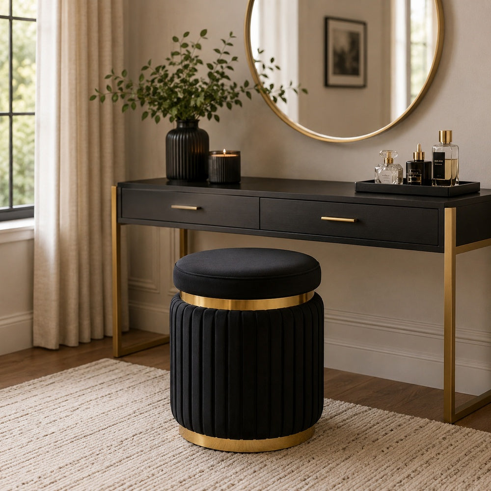 Karie Ottoman Stool, Gold Trim, Vertical Channel Design, Black Fabric-BM353200