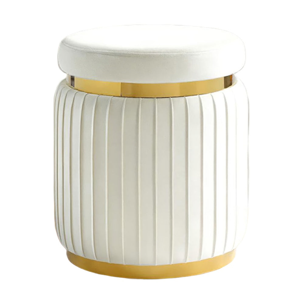 Karie Ottoman Stool, Gold Trim, Vertical Channel Design, White Fabric-BM353201