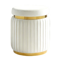 Karie Ottoman Stool, Gold Trim, Vertical Channel Design, White Fabric-BM353201