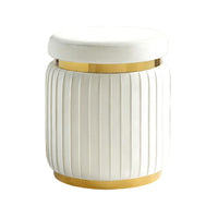 Karie Ottoman Stool, Gold Trim, Vertical Channel Design, White Fabric-BM353201