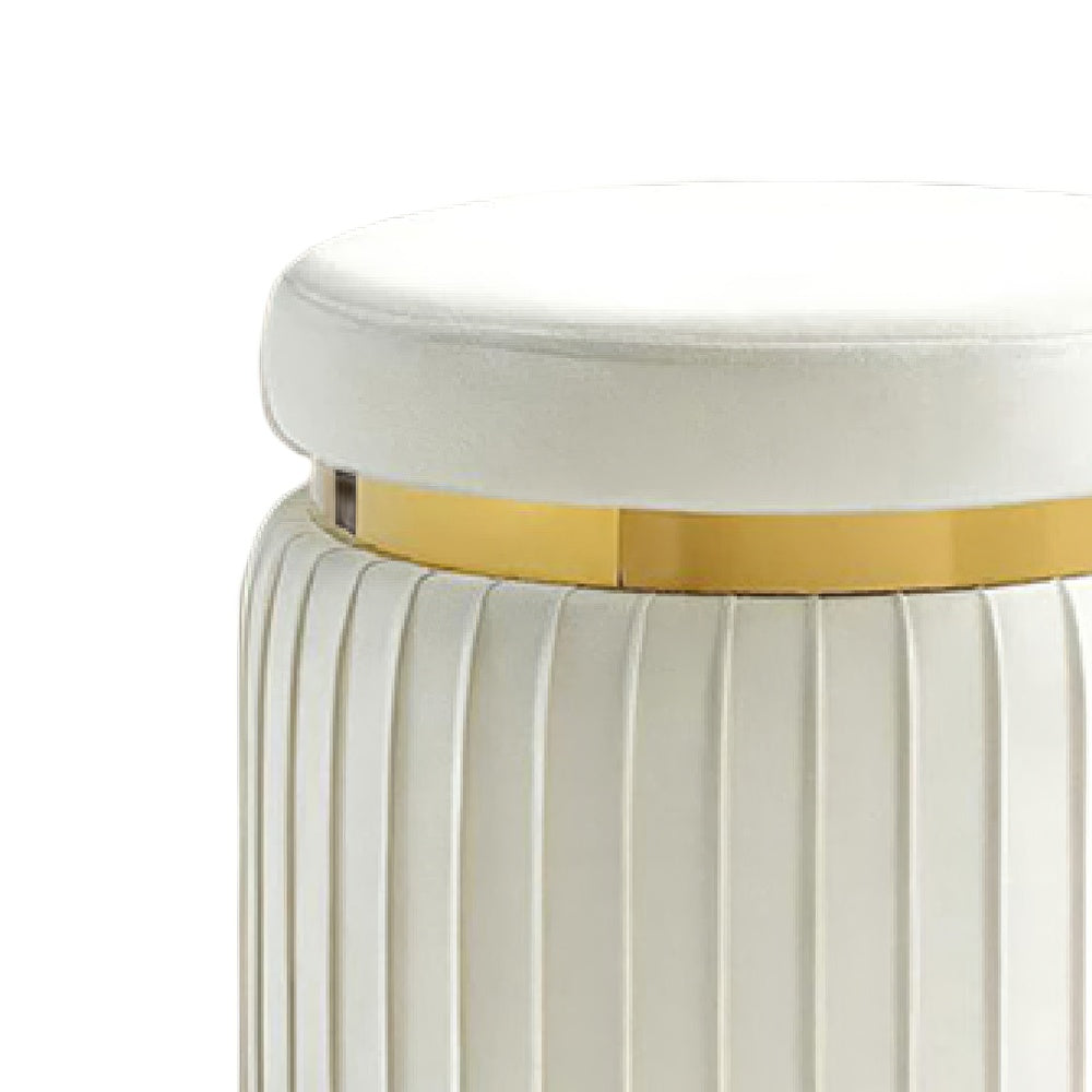 Karie Ottoman Stool, Gold Trim, Vertical Channel Design, White Fabric-BM353201