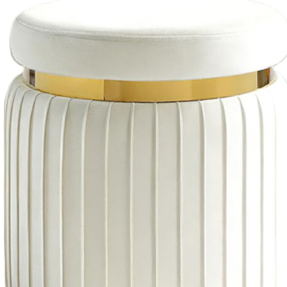 Karie Ottoman Stool, Gold Trim, Vertical Channel Design, White Fabric-BM353201