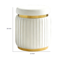 Karie Ottoman Stool, Gold Trim, Vertical Channel Design, White Fabric-BM353201