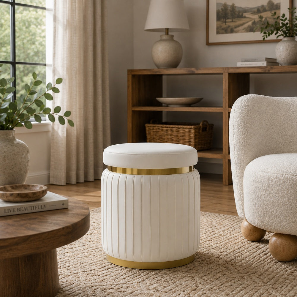 Karie Ottoman Stool, Gold Trim, Vertical Channel Design, White Fabric-BM353201