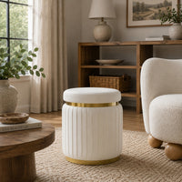 Karie Ottoman Stool, Gold Trim, Vertical Channel Design, White Fabric-BM353201