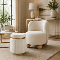Karie Ottoman Stool, Gold Trim, Vertical Channel Design, White Fabric-BM353201