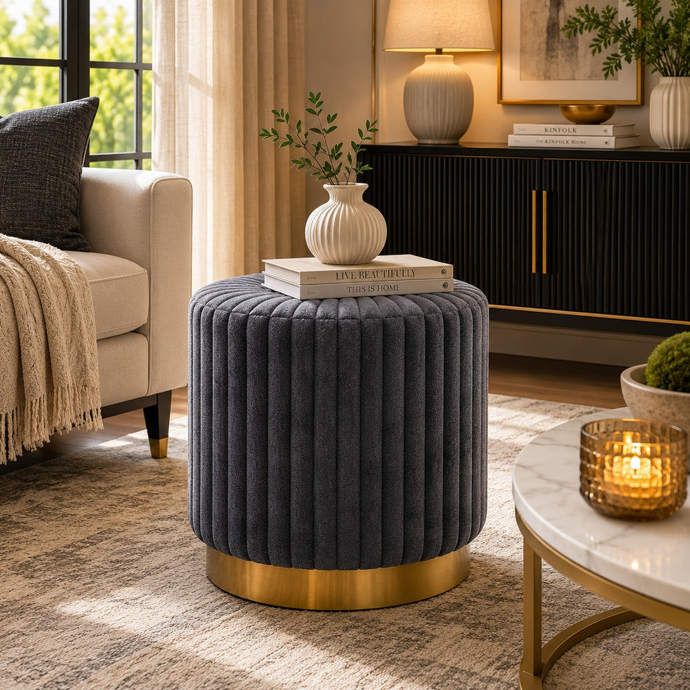 Zelda Ottoman Stool with Gold Steel Plinth Base, Gray Channeled Fabric -BM353202
