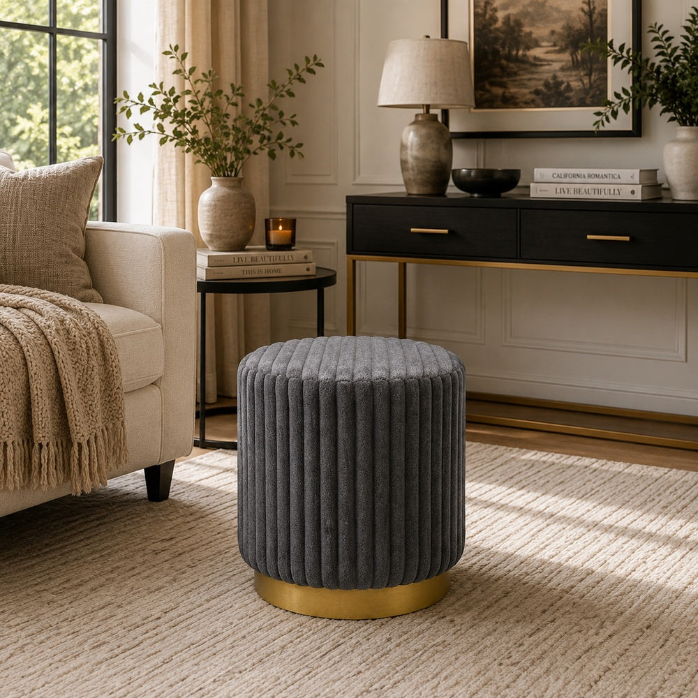 Zelda Ottoman Stool with Gold Steel Plinth Base, Gray Channeled Fabric -BM353202