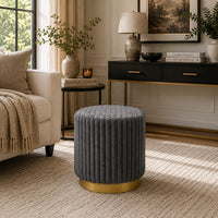 Zelda Ottoman Stool with Gold Steel Plinth Base, Gray Channeled Fabric -BM353202