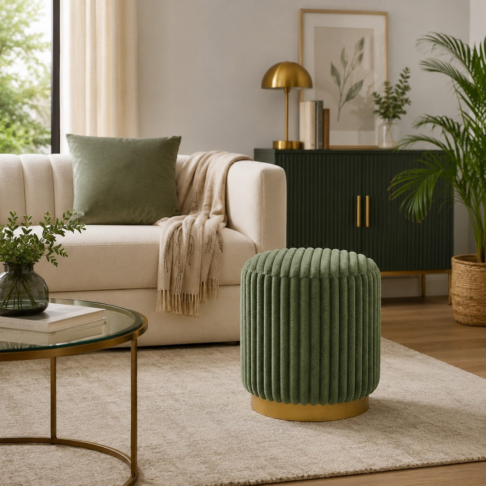 Zelda Ottoman Stool, Gold Steel Plinth Base, Green Channeled Fabric -BM353203