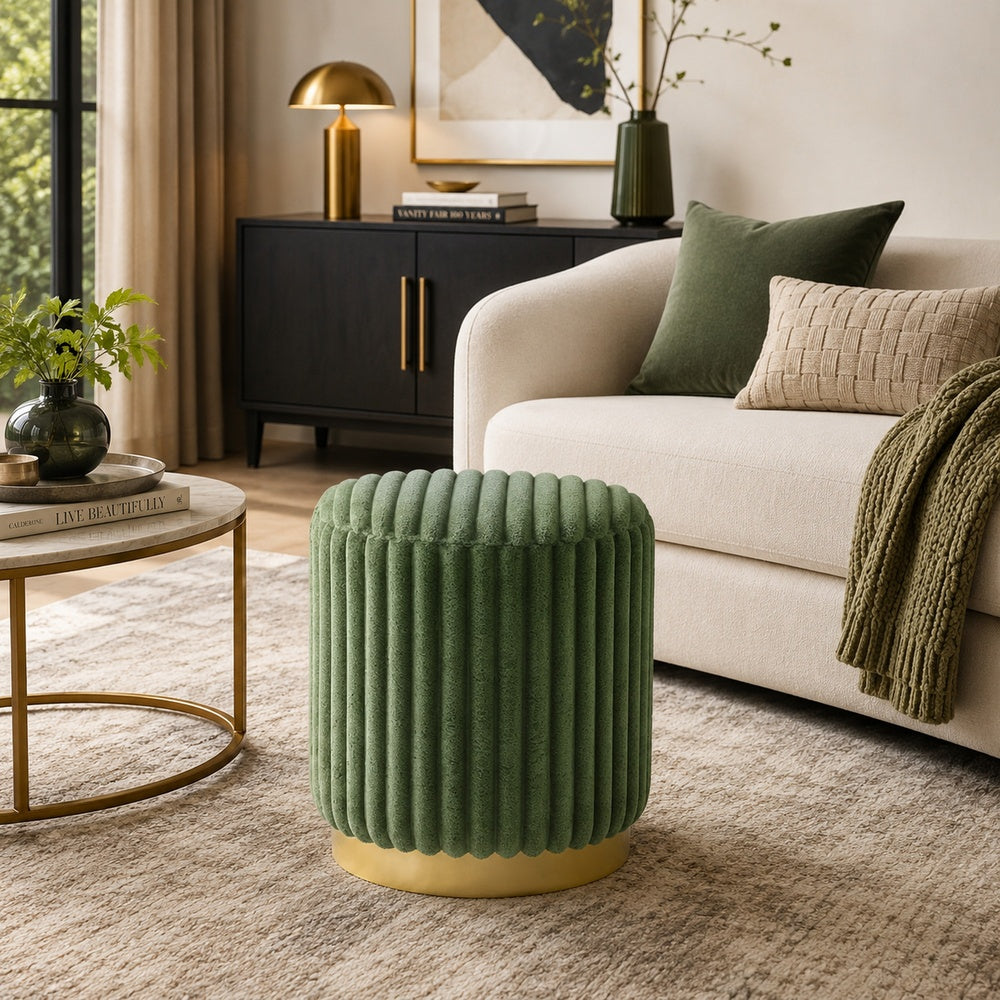 Zelda Ottoman Stool, Gold Steel Plinth Base, Green Channeled Fabric -BM353203