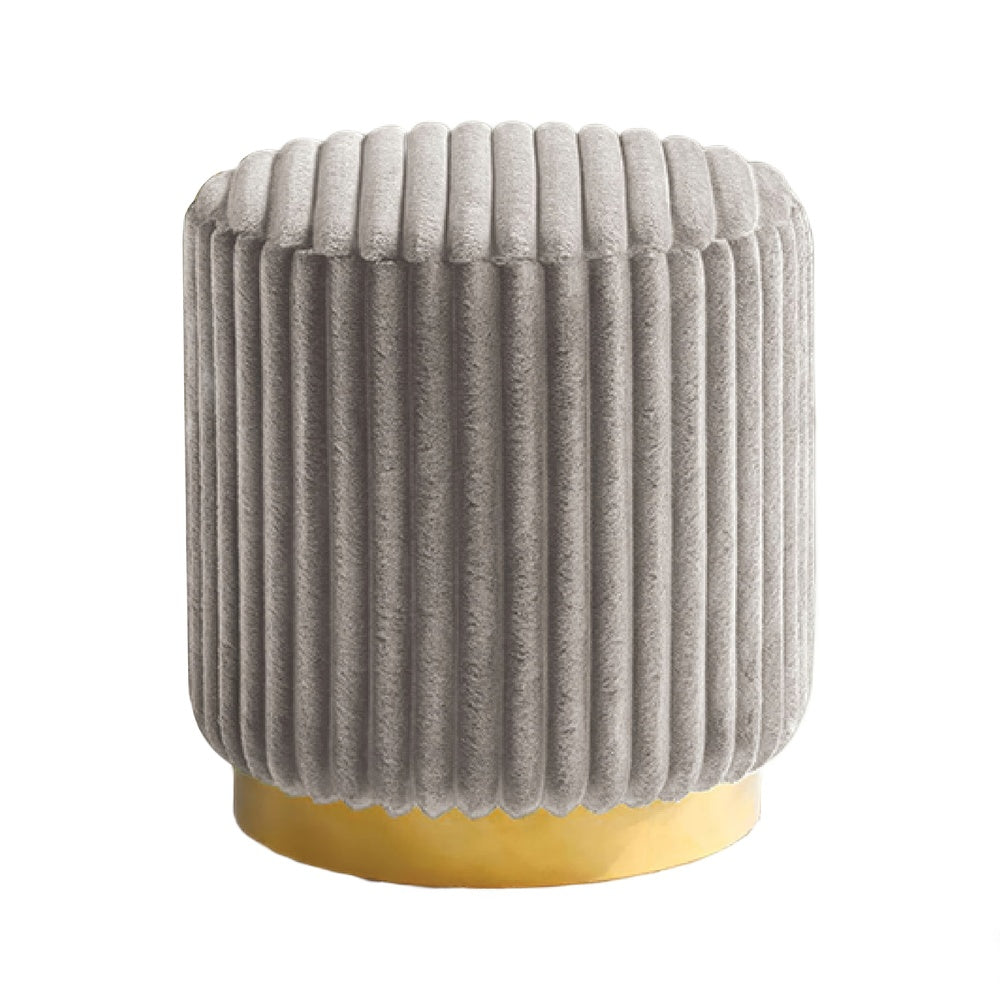 Zelda Ottoman Stool with Gold Steel Plinth Base, Gray Channeled Fabric -BM353204