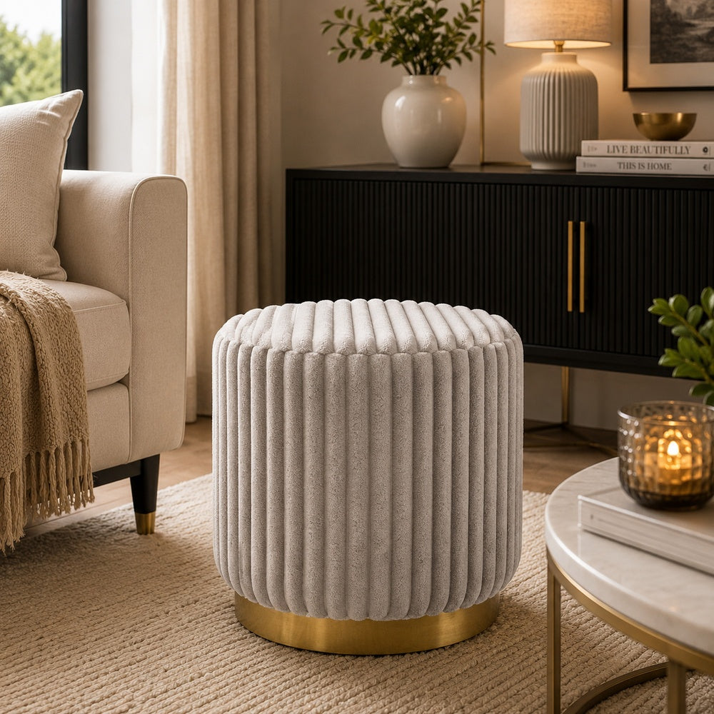 Zelda Ottoman Stool with Gold Steel Plinth Base, Gray Channeled Fabric -BM353204