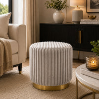 Zelda Ottoman Stool with Gold Steel Plinth Base, Gray Channeled Fabric -BM353204