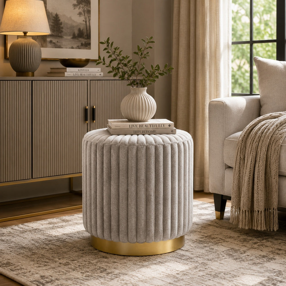 Zelda Ottoman Stool with Gold Steel Plinth Base, Gray Channeled Fabric -BM353204