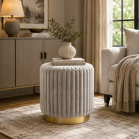 Zelda Ottoman Stool with Gold Steel Plinth Base, Gray Channeled Fabric -BM353204