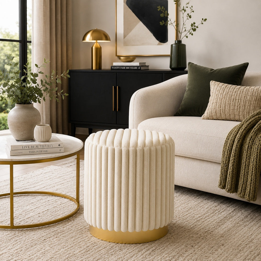Zelda Ottoman Stool, Gold Steel Plinth Base, Beige Channeled Fabric -BM353205