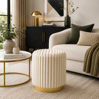 Zelda Ottoman Stool, Gold Steel Plinth Base, Beige Channeled Fabric -BM353205