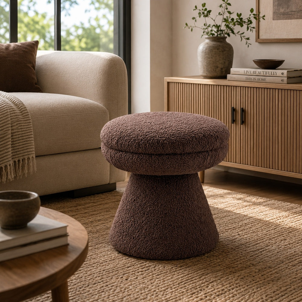 Xyna Mushroom-shaped Ottoman Stool with Pedestal Base, Brown Fabric-BM353206