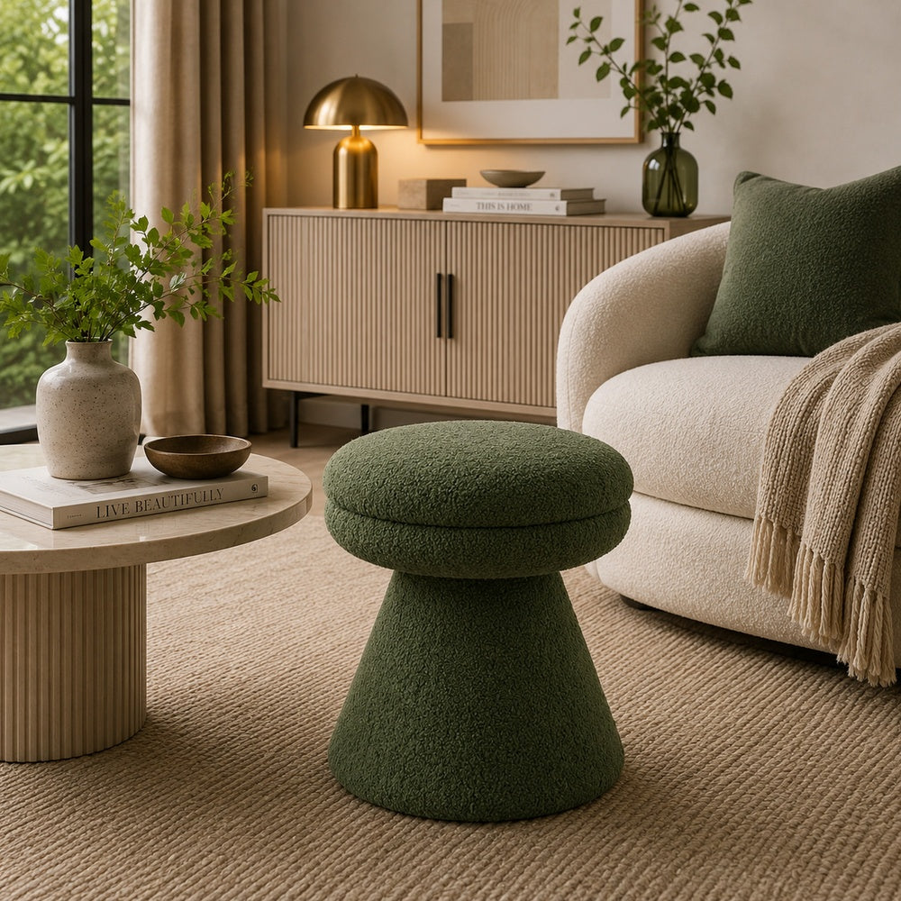 Xyna Mushroom-shaped Ottoman Stool with Pedestal Base, Green Fabric-BM353207