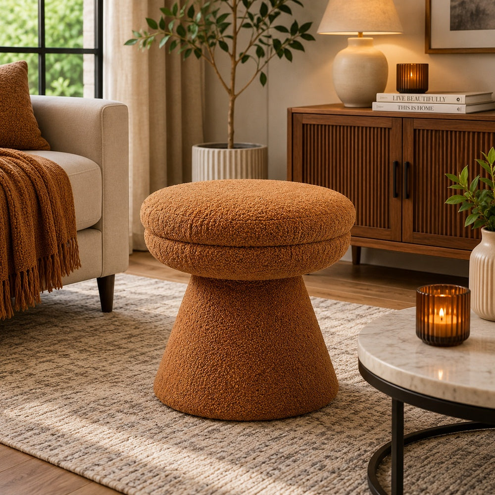 Xyna Mushroom-shaped Ottoman Stool, Pedestal Base, Saddle Brown Fabric-BM353208