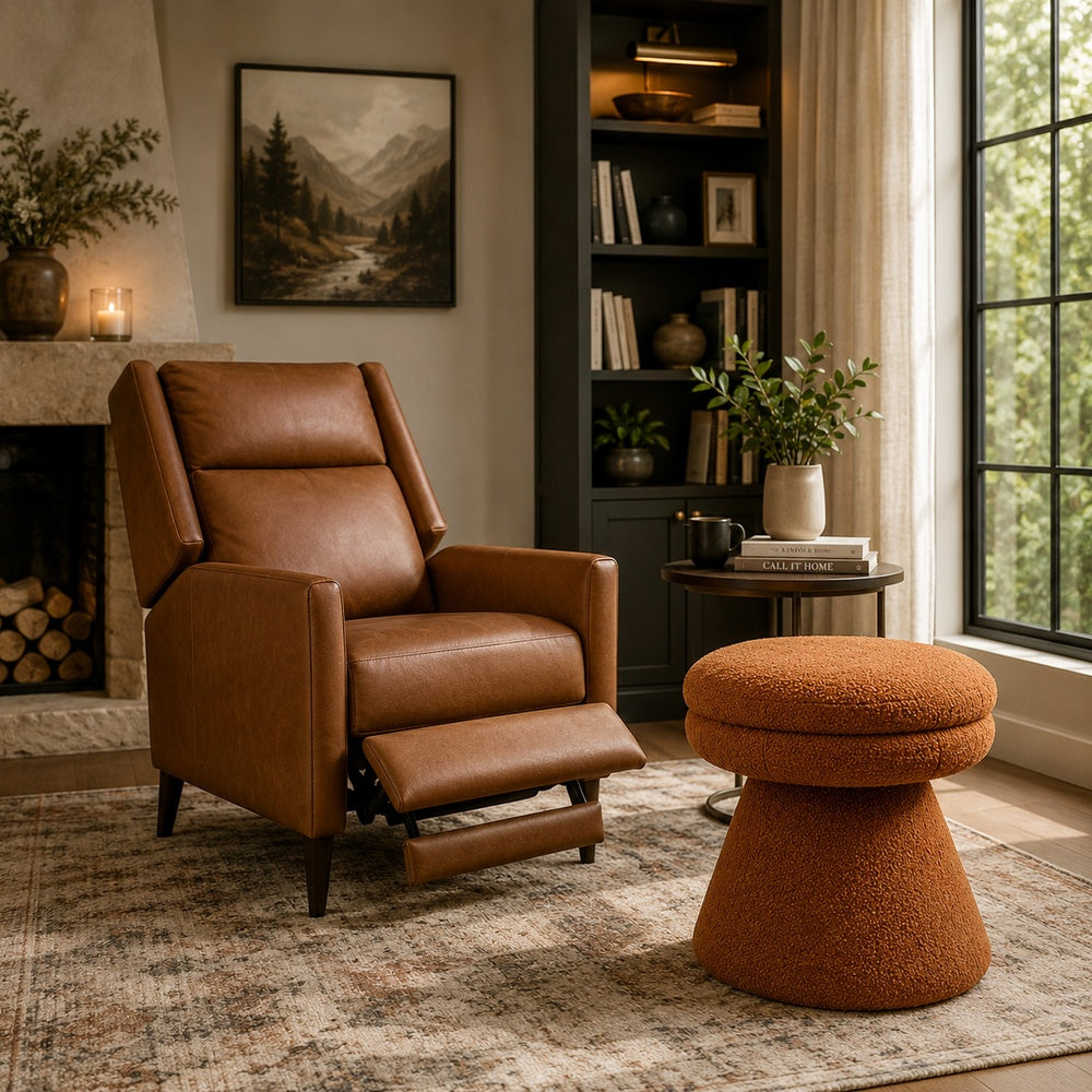 Xyna Mushroom-shaped Ottoman Stool, Pedestal Base, Saddle Brown Fabric-BM353208