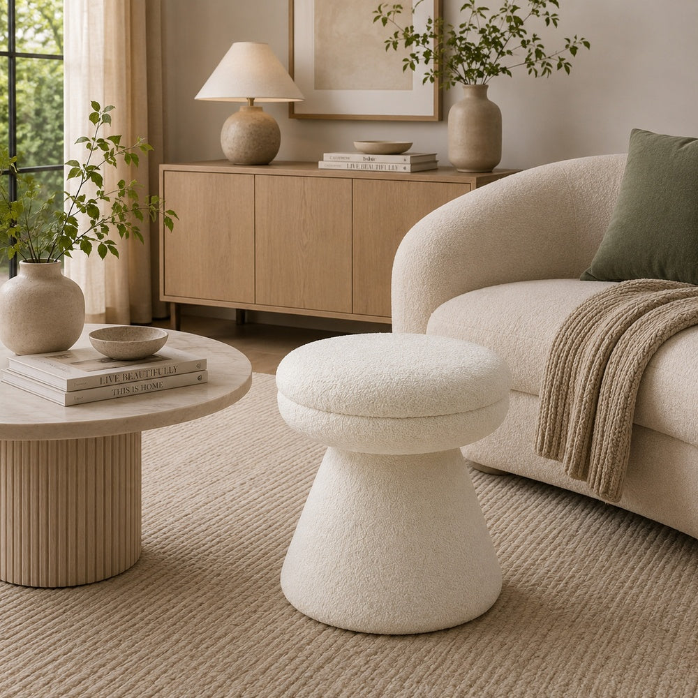 Xyna Mushroom-shaped Ottoman Stool with Pedestal Base, Beige Fabric-BM353209